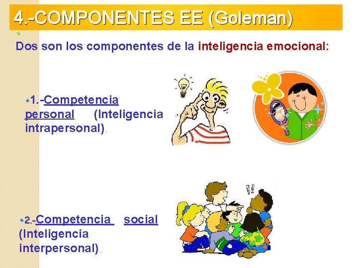 4. -COMPONENTES EE (Goleman) Dos son los componentes de la inteligencia emocional: 1. -Competencia