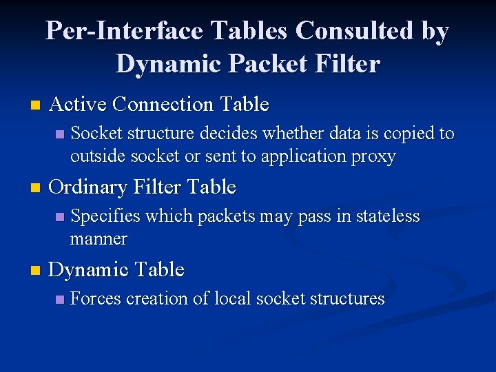 Per-Interface Tables Consulted by Dynamic Packet Filter n Active Connection Table n n Ordinary Per-Interface Tables Consulted by Dynamic Packet Filter n Active Connection Table n n Ordinary
