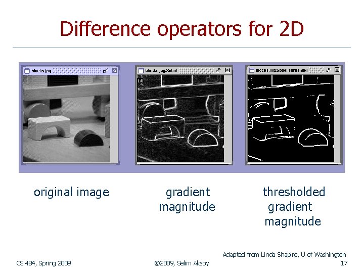 Difference operators for 2 D original image CS 484, Spring 2009 gradient magnitude ©