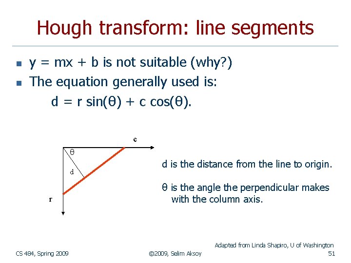 Hough transform: line segments n n y = mx + b is not suitable
