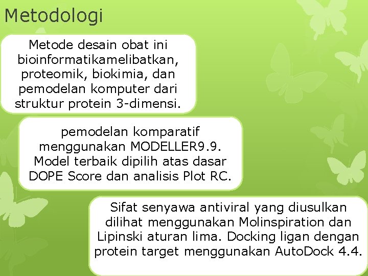 Metodologi Metode desain obat ini bioinformatikamelibatkan, proteomik, biokimia, dan pemodelan komputer dari struktur protein