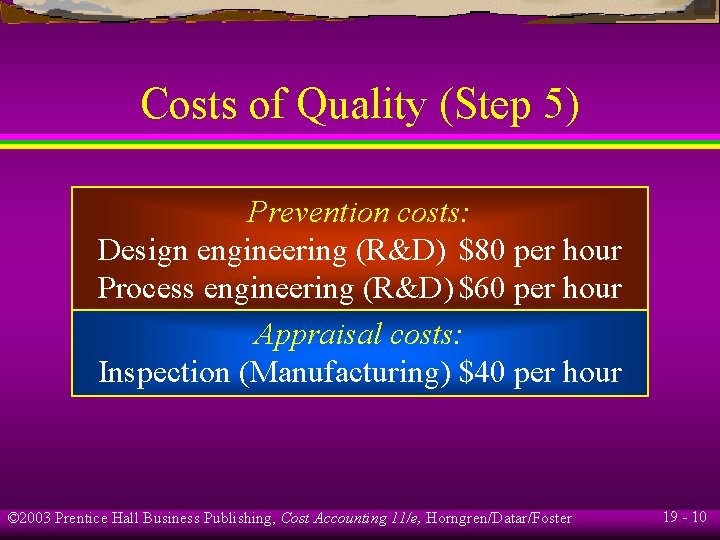 Costs of Quality (Step 5) Prevention costs: Design engineering (R&D) $80 per hour Process