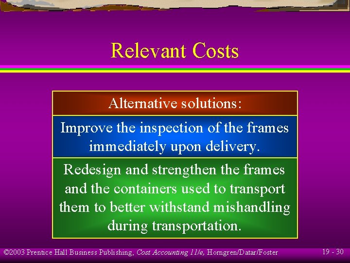 Relevant Costs Alternative solutions: Improve the inspection of the frames immediately upon delivery. Redesign