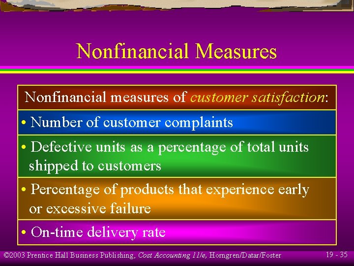 Nonfinancial Measures Nonfinancial measures of customer satisfaction: • Number of customer complaints • Defective