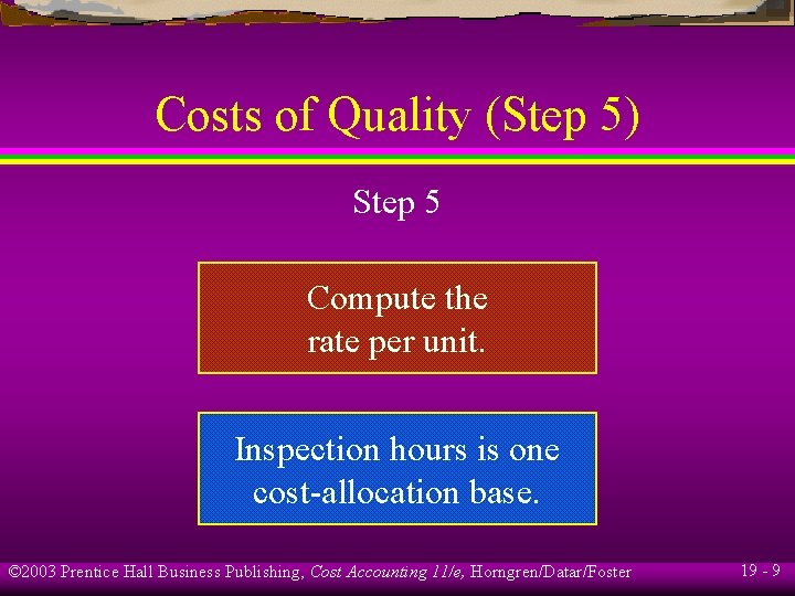 Costs of Quality (Step 5) Step 5 Compute the rate per unit. Inspection hours