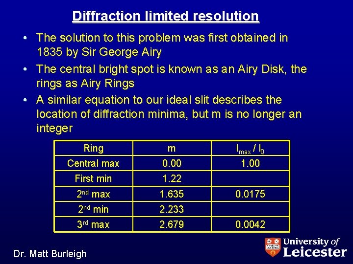 Diffraction limited resolution • The solution to this problem was first obtained in 1835