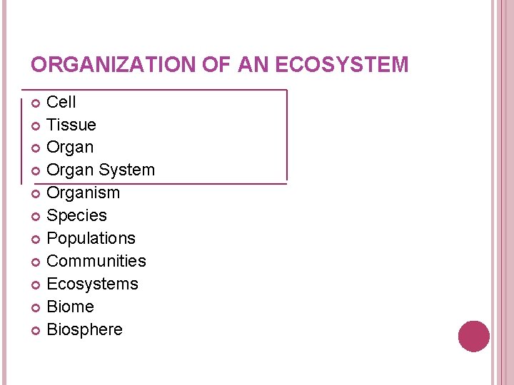 ORGANIZATION OF AN ECOSYSTEM Cell Tissue Organ System Organism Species Populations Communities Ecosystems Biome ORGANIZATION OF AN ECOSYSTEM Cell Tissue Organ System Organism Species Populations Communities Ecosystems Biome