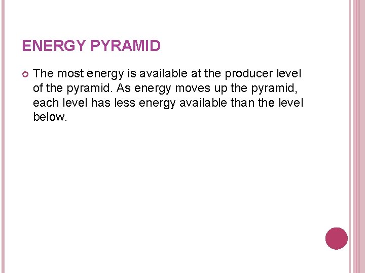 ENERGY PYRAMID The most energy is available at the producer level of the pyramid. ENERGY PYRAMID The most energy is available at the producer level of the pyramid.