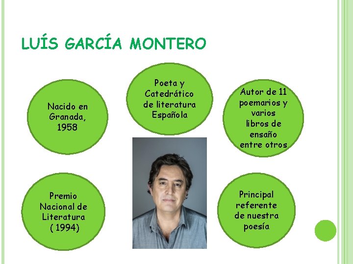LUÍS GARCÍA MONTERO Nacido en Granada, 1958 Premio Nacional de Literatura ( 1994) Poeta