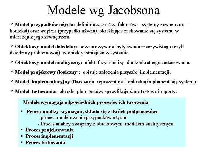 Modele wg Jacobsona a. Model przypadków użycia: definiuje zewnętrze (aktorów = systemy zewnętrzne =