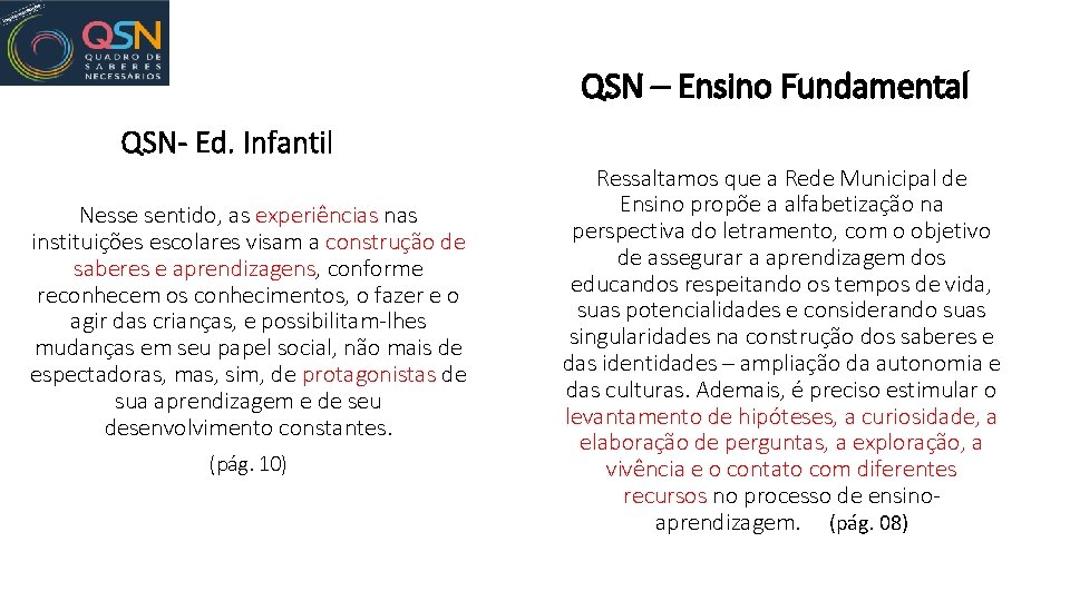 QSN – Ensino Fundamental QSN- Ed. Infantil Nesse sentido, as experiências nas instituições escolares