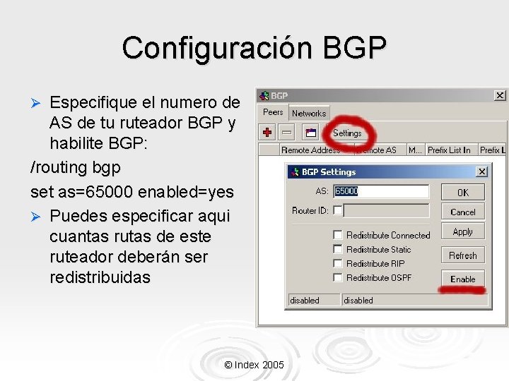 Configuración BGP Especifique el numero de AS de tu ruteador BGP y habilite BGP:
