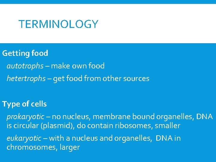 TERMINOLOGY Getting food autotrophs – make own food hetertrophs – get food from other