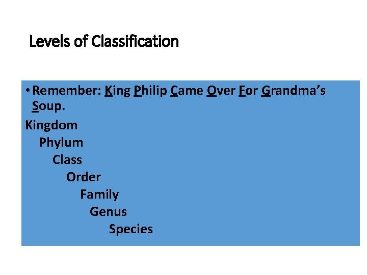 Levels of Classification • Remember: King Philip Came Over For Grandma’s Soup. Kingdom Phylum