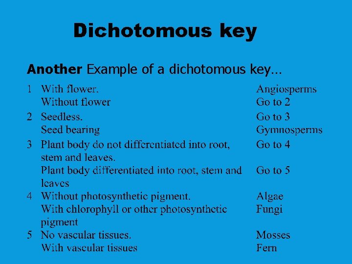 Dichotomous key Another Example of a dichotomous key… 