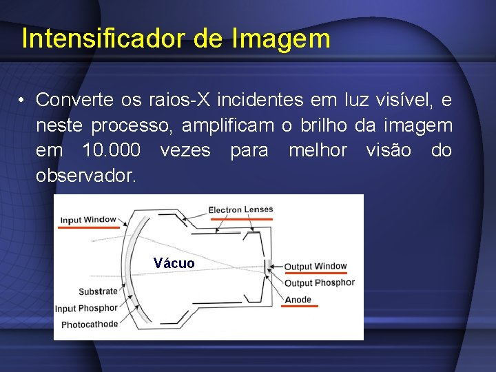 Intensificador de Imagem • Converte os raios-X incidentes em luz visível, e neste processo,