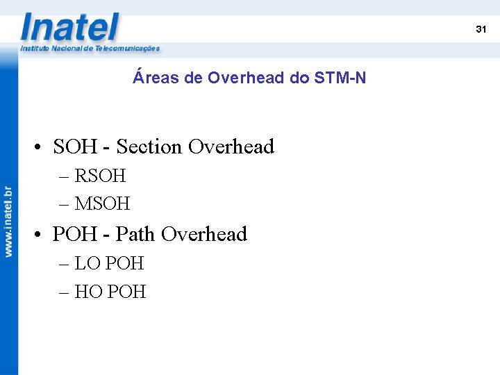 31 Áreas de Overhead do STM-N • SOH - Section Overhead – RSOH –