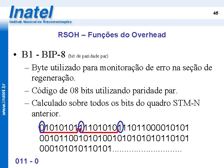 45 RSOH – Funções do Overhead • B 1 - BIP-8 (bit de paridade