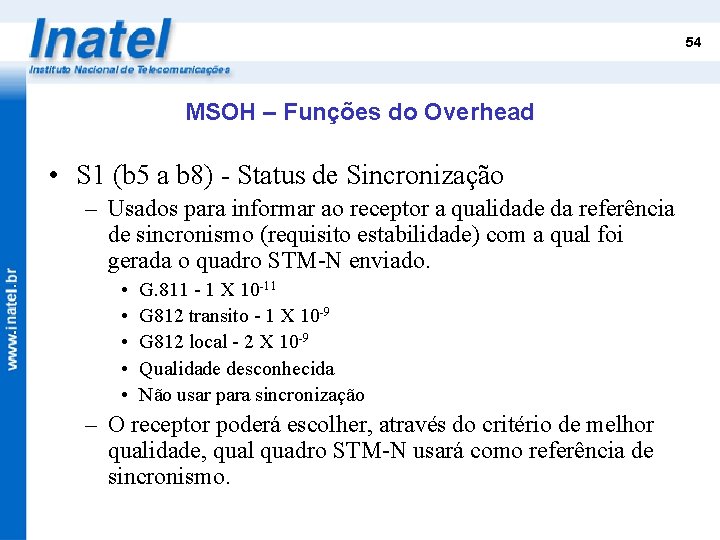 54 MSOH – Funções do Overhead • S 1 (b 5 a b 8)