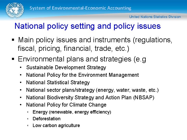 System of Environmental-Economic Accounting National policy setting and policy issues § Main policy issues