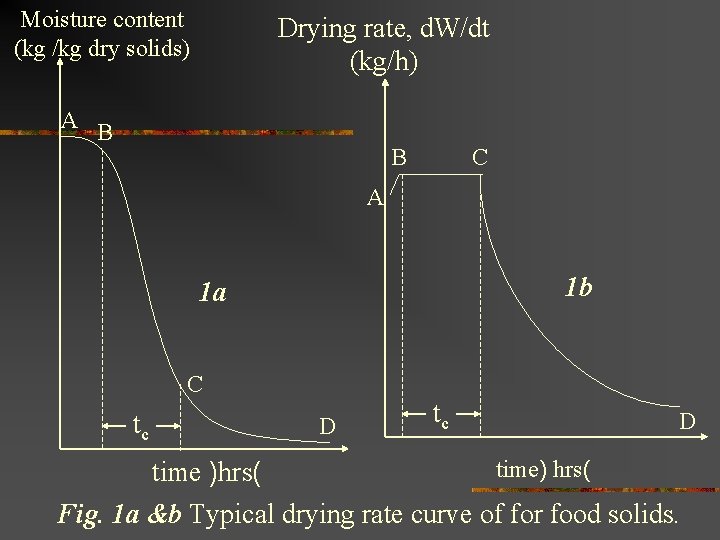 Moisture content (kg /kg dry solids) Drying rate, d. W/dt (kg/h) A B B