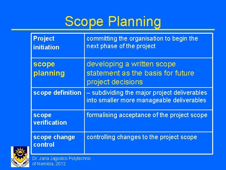 Scope Planning Project initiation committing the organisation to begin the next phase of the