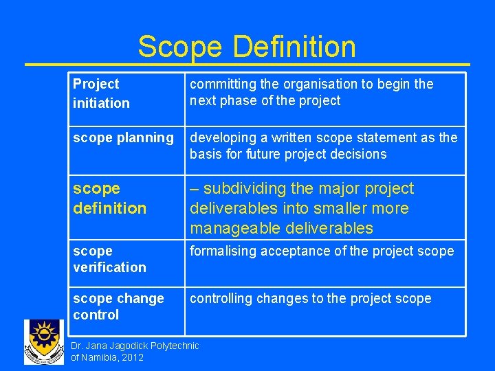 Scope Definition Project initiation committing the organisation to begin the next phase of the