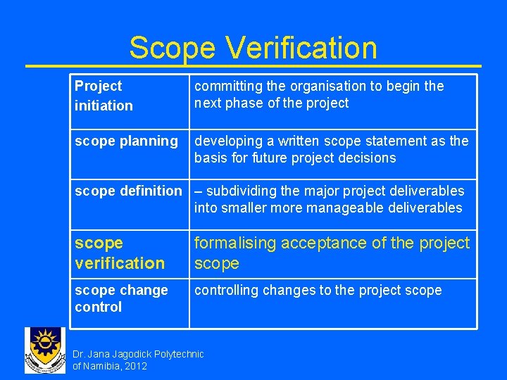 Scope Verification Project initiation committing the organisation to begin the next phase of the