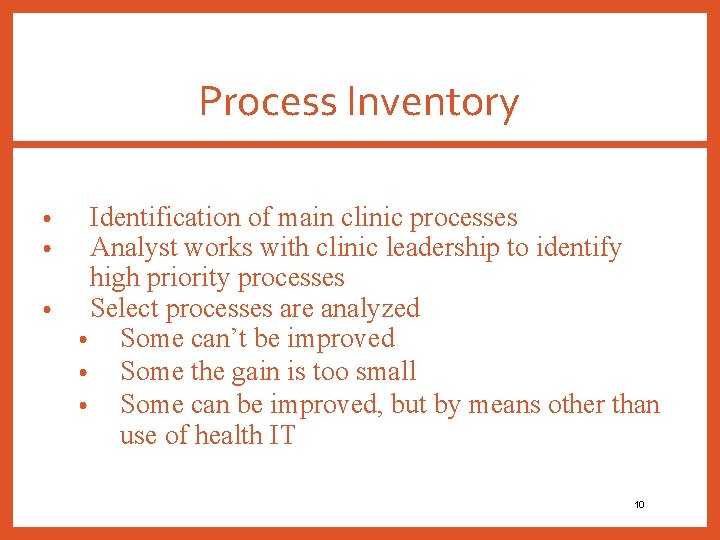 Process Inventory Identification of main clinic processes Analyst works with clinic leadership to identify