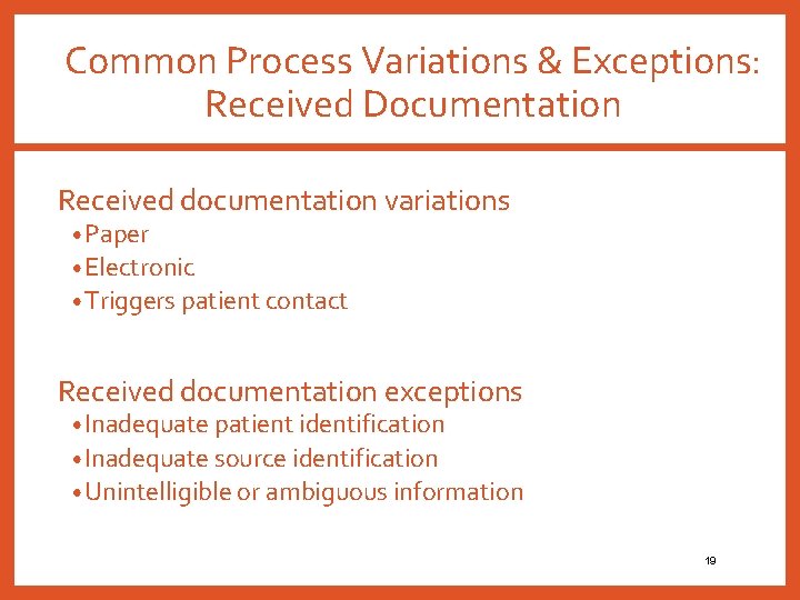 Common Process Variations & Exceptions: Received Documentation Received documentation variations • Paper • Electronic