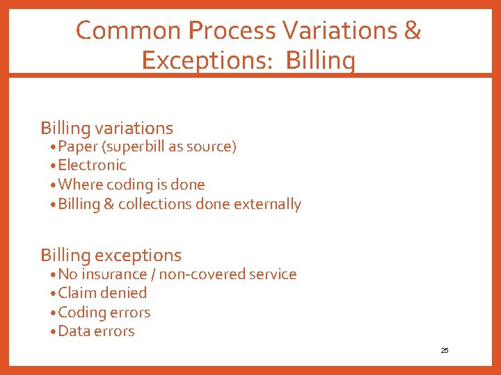 Common Process Variations & Exceptions: Billing variations • Paper (superbill as source) • Electronic