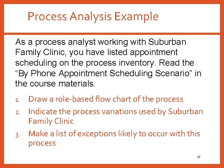 Process Analysis Example As a process analyst working with Suburban Family Clinic, you have