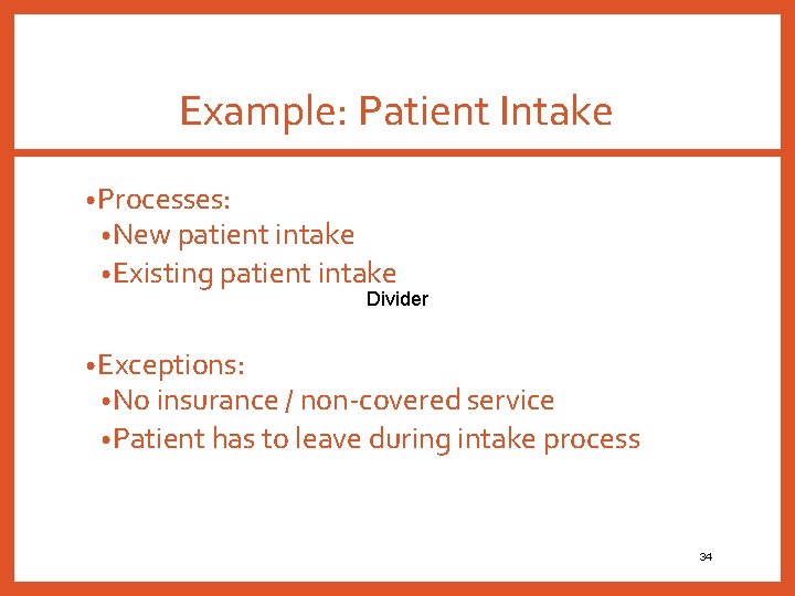 Example: Patient Intake • Processes: • New patient intake • Existing patient intake Divider