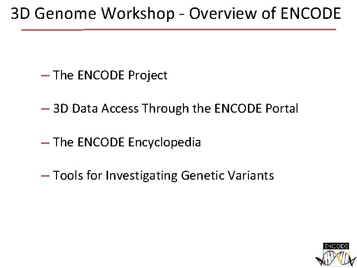 3 D Genome Workshop - Overview of ENCODE The ENCODE Project 3 D Data