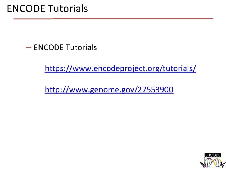ENCODE Tutorials https: //www. encodeproject. org/tutorials/ http: //www. genome. gov/27553900 