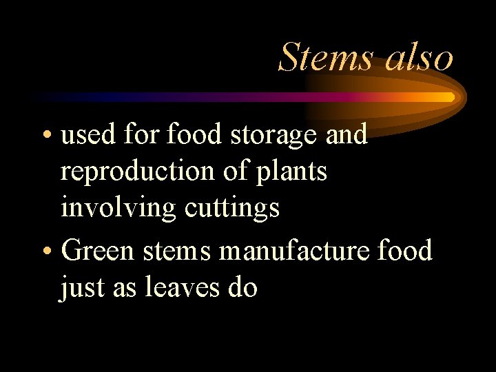 Stems also • used for food storage and reproduction of plants involving cuttings •