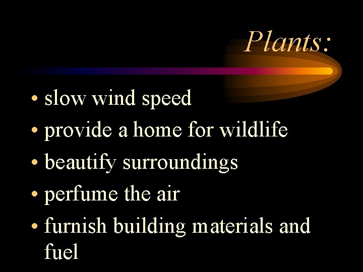 Plants: • slow wind speed • provide a home for wildlife • beautify surroundings
