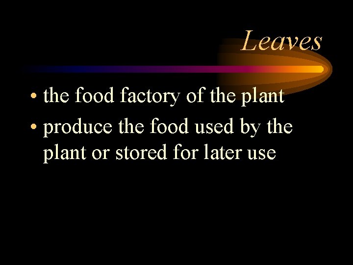 Leaves • the food factory of the plant • produce the food used by