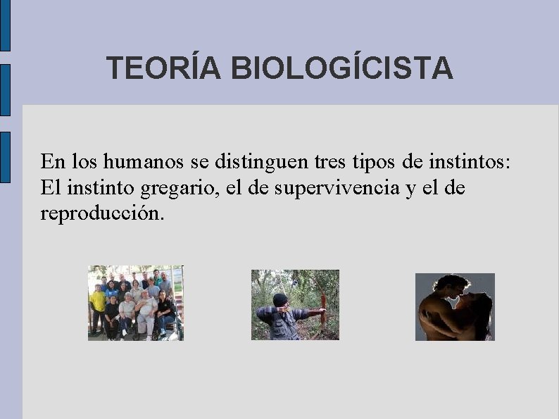 TEORÍA BIOLOGÍCISTA En los humanos se distinguen tres tipos de instintos: El instinto gregario,
