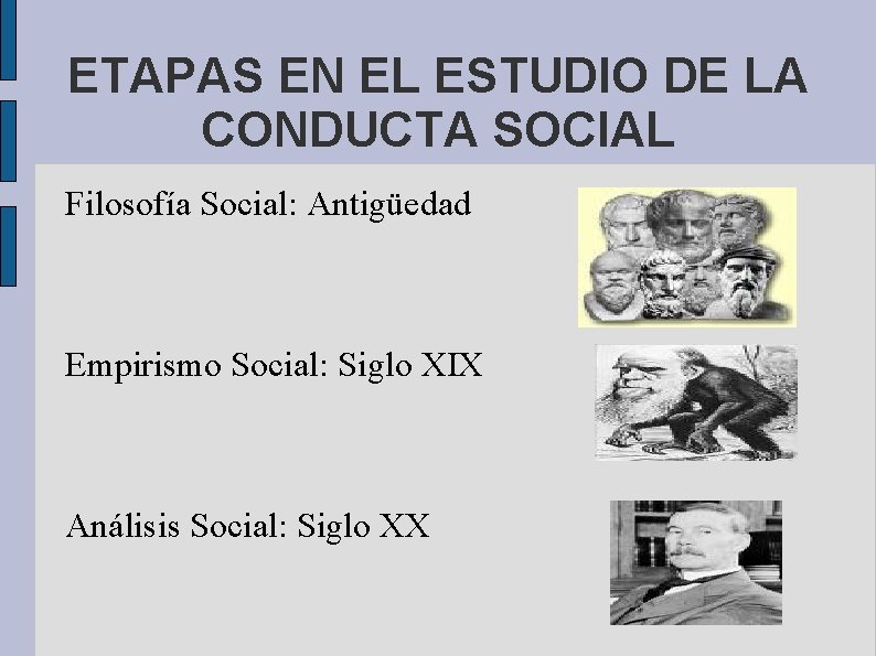 ETAPAS EN EL ESTUDIO DE LA CONDUCTA SOCIAL Filosofía Social: Antigüedad Empirismo Social: Siglo
