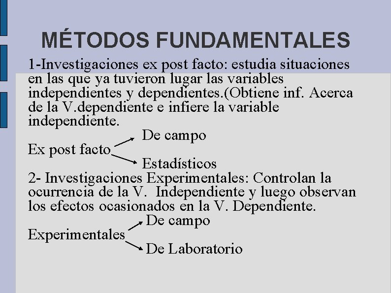 MÉTODOS FUNDAMENTALES 1 -Investigaciones ex post facto: estudia situaciones en las que ya tuvieron