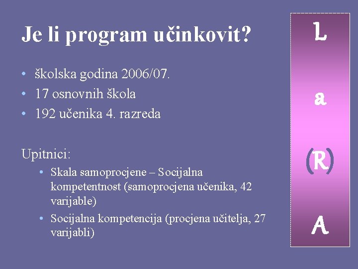 Je li program učinkovit? L • školska godina 2006/07. • 17 osnovnih škola •