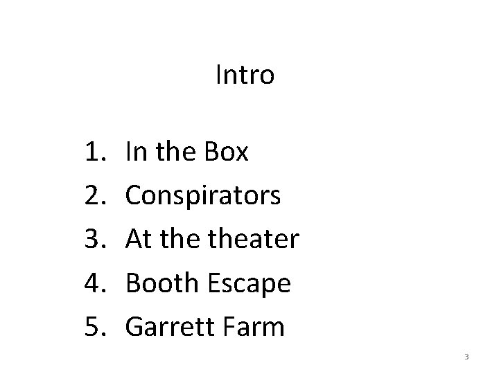 Intro 1. 2. 3. 4. 5. In the Box Conspirators At theater Booth Escape