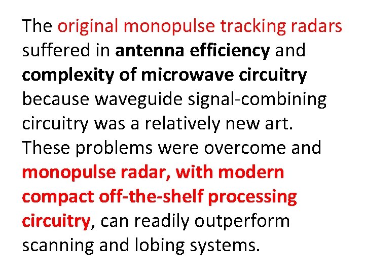 The original monopulse tracking radars suffered in antenna efficiency and complexity of microwave circuitry