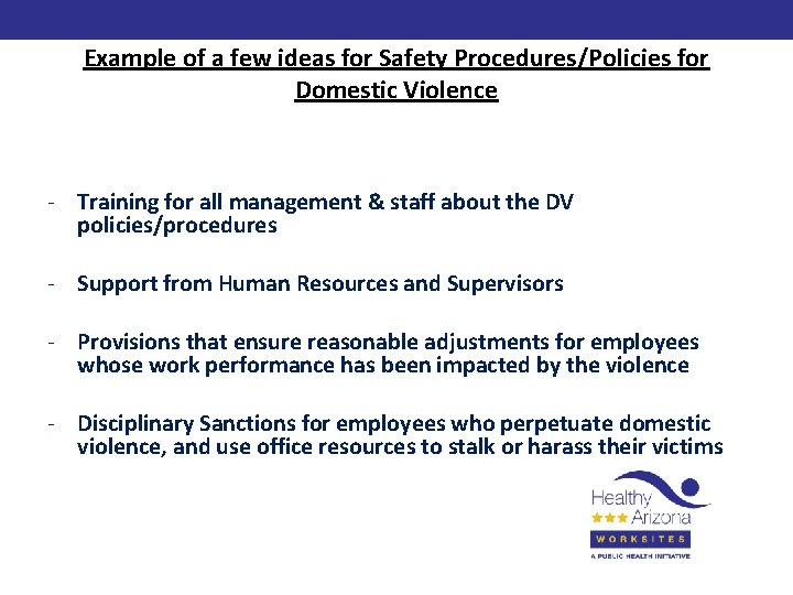 Example of a few ideas for Safety Procedures/Policies for Domestic Violence - Training for