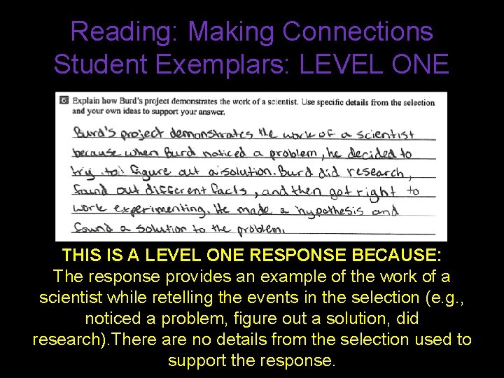 Reading: Making Connections Student Exemplars: LEVEL ONE THIS IS A LEVEL ONE RESPONSE BECAUSE: Reading: Making Connections Student Exemplars: LEVEL ONE THIS IS A LEVEL ONE RESPONSE BECAUSE:
