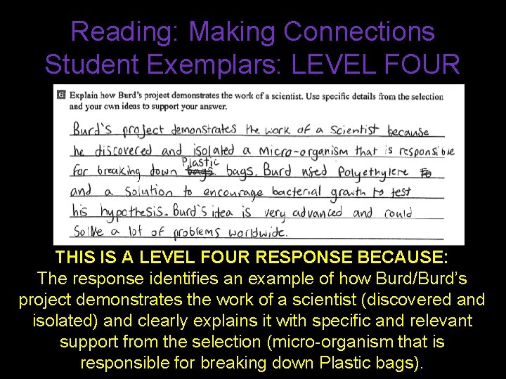 Reading: Making Connections Student Exemplars: LEVEL FOUR THIS IS A LEVEL FOUR RESPONSE BECAUSE: Reading: Making Connections Student Exemplars: LEVEL FOUR THIS IS A LEVEL FOUR RESPONSE BECAUSE: