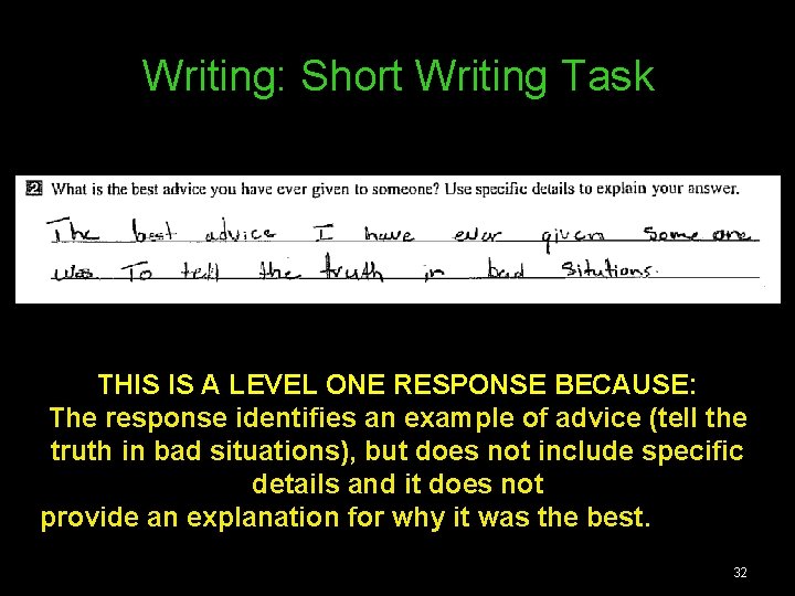Writing: Short Writing Task THIS IS A LEVEL ONE RESPONSE BECAUSE: The response identifies Writing: Short Writing Task THIS IS A LEVEL ONE RESPONSE BECAUSE: The response identifies