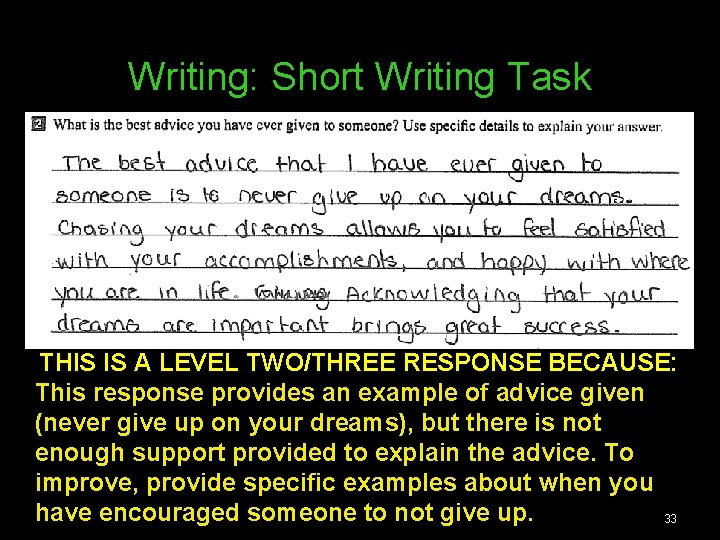 Writing: Short Writing Task THIS IS A LEVEL TWO/THREE RESPONSE BECAUSE: This response provides Writing: Short Writing Task THIS IS A LEVEL TWO/THREE RESPONSE BECAUSE: This response provides