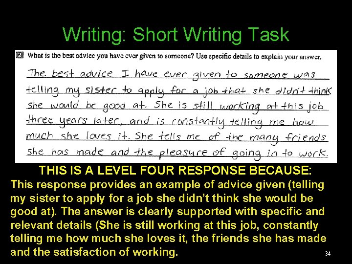 Writing: Short Writing Task THIS IS A LEVEL FOUR RESPONSE BECAUSE: This response provides Writing: Short Writing Task THIS IS A LEVEL FOUR RESPONSE BECAUSE: This response provides